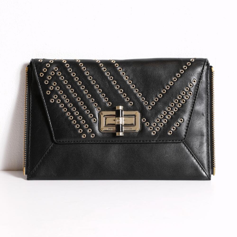 DIANE VON FURSTENBERG Black Pebbled Leather Studded Envelope Clutch